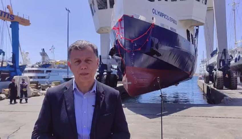 Η καθέλκυση του νεότευκτου πλοίου της ΑΝΕΜ «Ολύμπιος Ερμής» στα ναυπηγεία του Περάματος