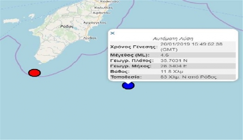 Ρόδος: Δύο σεισμοί 4,6 και 4,5 Ρίχτερ