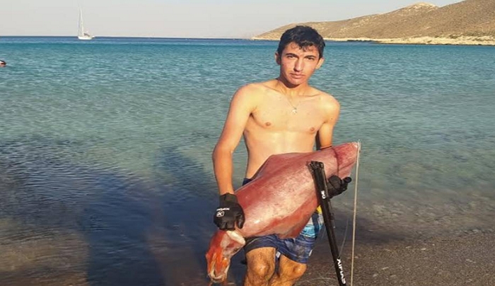 O 15χρονος Παντελής Κυπραίος αλίευσε στην Ψέριμο με ψαροντούφεκο καλαμάρι γίγας 17 κιλών!!