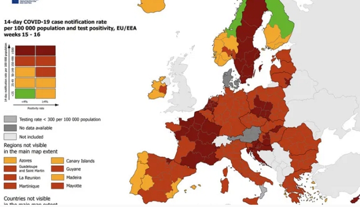 ECDC: Στο “κόκκινο” η χώρα μας αλλά στο “πορτοκαλί” τα Δωδεκάνησα-Στο πράσινο ο δείκτης θετικότητας