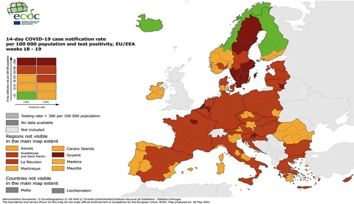 Χάρτης ECDC: Στο “πράσινο” η Ελλάδα στον δείκτη θετικότητας-Στο “κόκκινο” στα κρούσματα